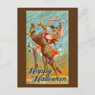 Fröhliches Halloween tanzender Narr Maskerade Vint Postkarte