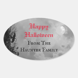 Fröhliches Halloween Vollmond und Rabe Custom Aufk Ovaler Aufkleber