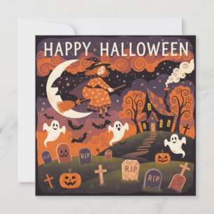 Fröhliches Halloween Whimsical Hexe auf dem Besen  Feiertagskarte