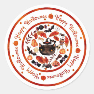 Fröhliches Halloween Whimsical Schwarze Katze Wass Runder Aufkleber