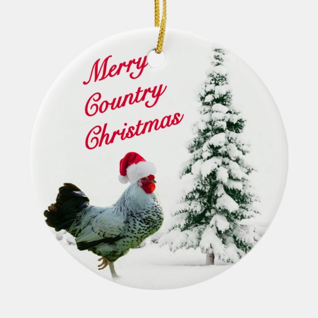 Fröhliches Land-Weihnachtshuhn mit Keramik Ornament (Vorne)