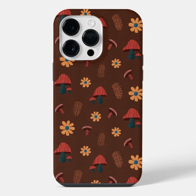 Fröhliches Mushroom Nature Lover Pattern (Braun) iPhone 14 Pro Max Hülle (Rückseite)