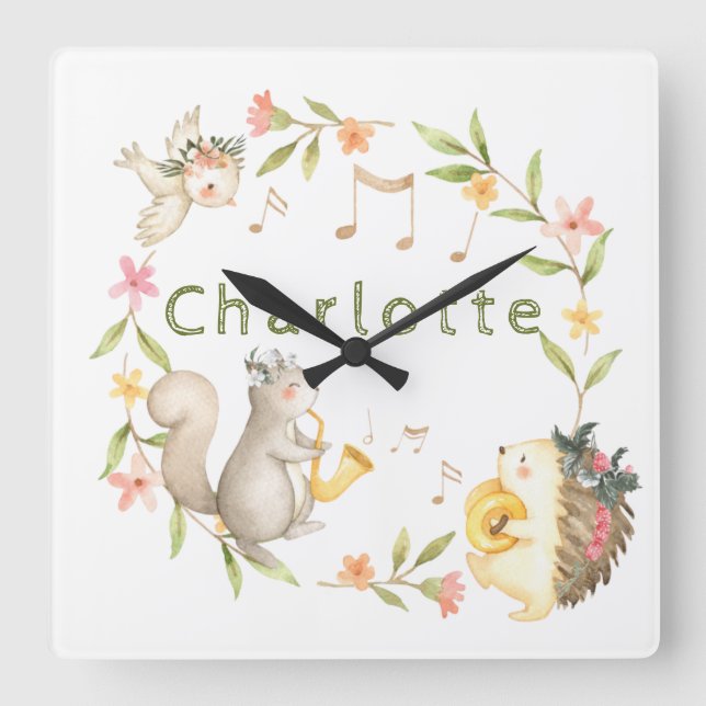fröhliches Musical Baby Woodland Animal Quadratische Wanduhr (Vorderseite)