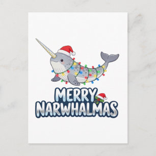 Fröhliches Narwhalmas mit Weihnachtsmannmütze Weih Postkarte