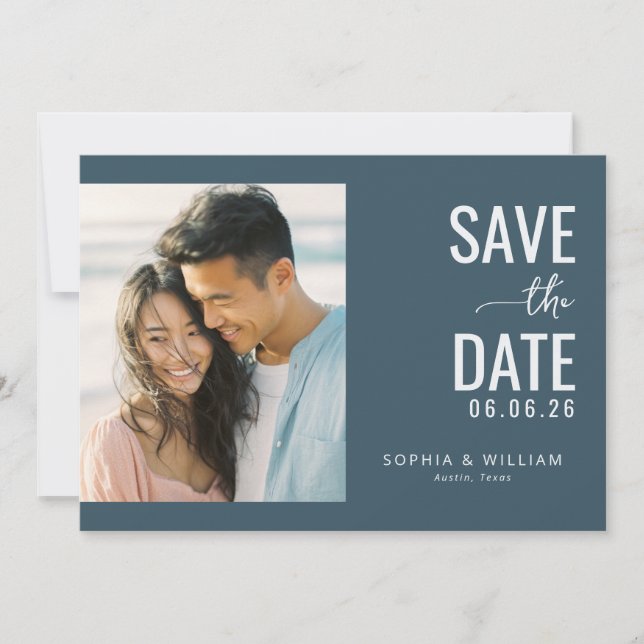 Fröhliches Navy Minimalist Foto Save The Date (Vorderseite)