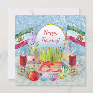 Fröhliches Norooz Haft Sin mit Löwe und Sonnenflag Save The Date