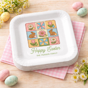 Fröhliches Osterhasen-Quiltmuster Familie Pappteller