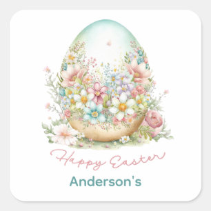 Fröhliches Ostern Florales Osterei personalisiert Quadratischer Aufkleber