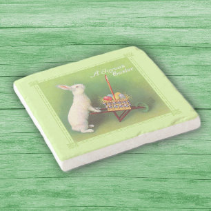 Fröhliches Ostern Weißes Kaninchen-Korb-Eier-Schub Steinuntersetzer