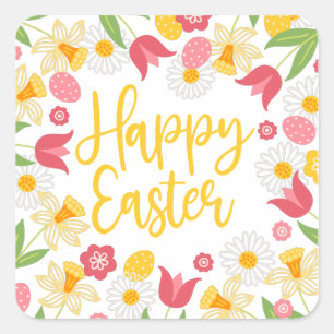 Fröhliches Ostern Whimsical Rot Gelb Floral Quadratischer Aufkleber