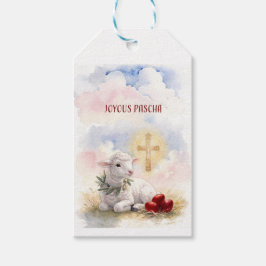 Fröhliches Paschalamm, rote Eier und Kreuz Geschenkanhänger