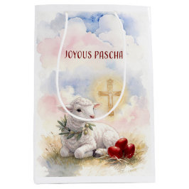 Fröhliches Paschalamm, rote Eier und Kreuz Mittlere Geschenktüte