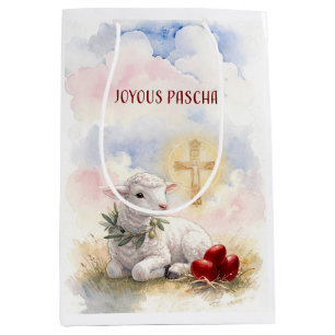 Fröhliches Paschalamm, rote Eier und Kreuz Mittlere Geschenktüte