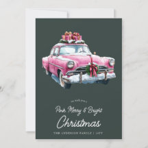 Fröhliches rosa Weihnachten Auto Retro-Aquarell