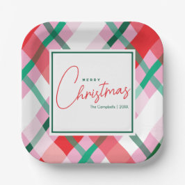 Fröhliches Rot Grün Pink Weihnachts-Karo Pappteller