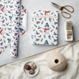 Fröhliches Schneemann & Winter Foliage Muster Geschenkpapier