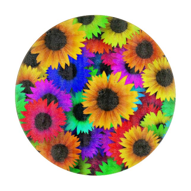 Fröhliches Sortiment an farbenfrohen Sonnenblumen Schneidebrett (Vorderseite)