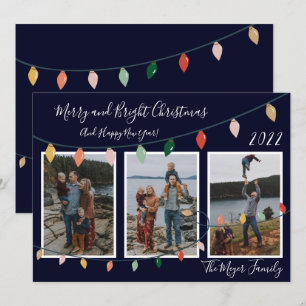 Fröhliches und helles Weihnachtslicht Dunkles blau Feiertagskarte