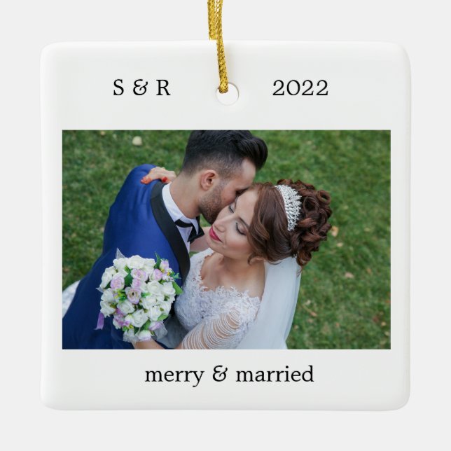 Fröhliches und Verheiratetes Personalisiertes Foto Keramikornament (Vorderseite)