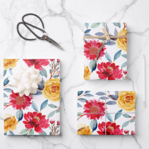 Fröhliches Wasserfarben-Blumenmuster in gelber Ros Geschenkpapier Set