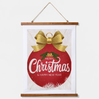 Fröhliches Weihnachten roter Schmuck mit Gold Wandteppich Mit Holzrahmen