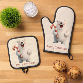 Fröhliches Weihnachten Süßes Eisbär-Design Ofenhandschuh & Topflappen-Set