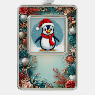 🎄🐧 Fröhliches Weihnachts-Pinguin-Ornament Gesche Rahmen-Ornament Silber