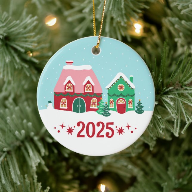 Fröhliches Weihnachtsdorf Jahres-Schmuck Keramik Ornament (Baum)