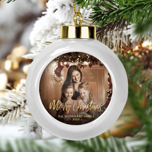 Fröhliches Weihnachtsfamilienfoto Elegantes Goldsc Keramik Kugel-Ornament
