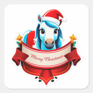 Fröhliches Weihnachtspferd mit Banner Quadratischer Aufkleber