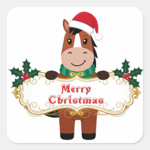 Fröhliches Weihnachtspferd mit Banner Quadratischer Aufkleber