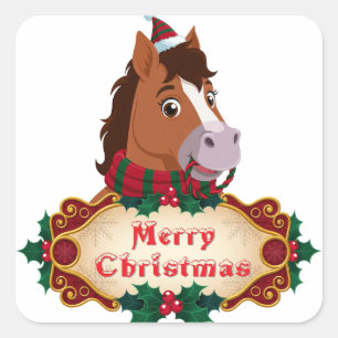 Fröhliches Weihnachtspferd mit Banner Quadratischer Aufkleber