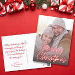 fröhliches Weihnachtsrotes Foto Feiertagspostkarte<br><div class="desc">Fröhliche Weihnachten rot neon Handschrift Foto Holiday Postcard zweiseitige Karte,  auf der Rückseite der Urlaubsnachricht.</div>