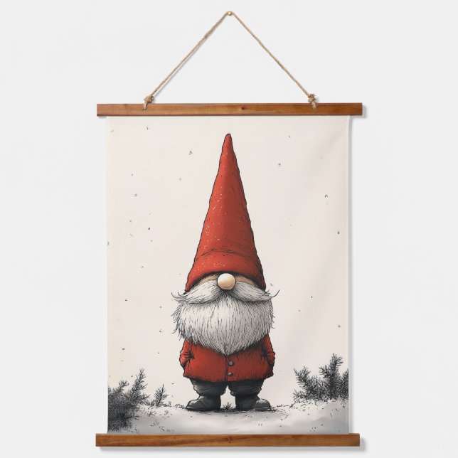 Fröhliches Wintergenom in Red Hat Wandteppich Mit Holzrahmen (Vorderseite)