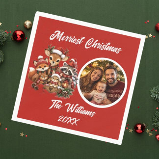 Fröhlichste Weihnachts-Waldtiere Familienfoto Serviette