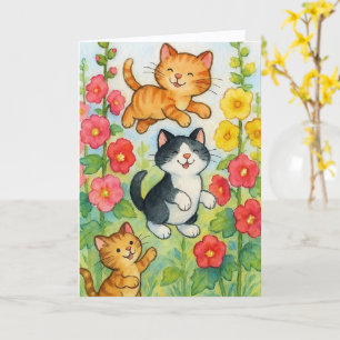 Frolende Landkatzen im Blumengarten Geburtstag Karte