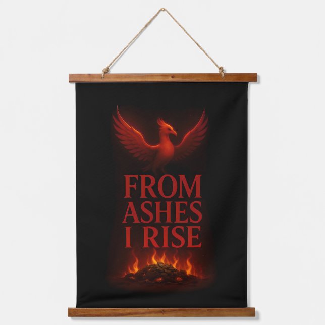 From Ashes I Rise – Phoenix Rebirth Motivational Wandteppich Mit Holzrahmen (Vorderseite)