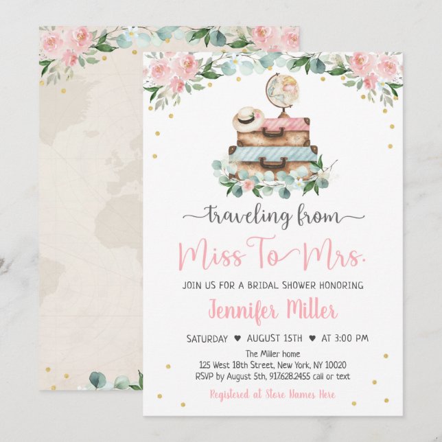 From Miss To Mrs Pink Floral Travel Bridal Shower Einladung (Vorne/Hinten)