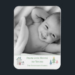 From Our House to Yours Foto von Xmas Holiday Card Magnet<br><div class="desc">"From our House to Yours" Sweet House with tiny snowman. Change to your name and what a cute holiday greeting. So einfach und süß. Great Keepsake.</div>