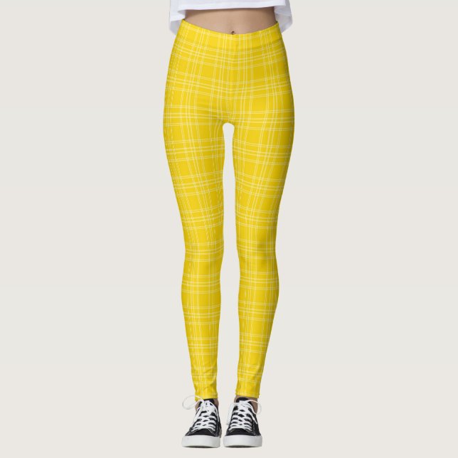 Front and back view of vibrant yellow checkered  leggings (Vorderseite)