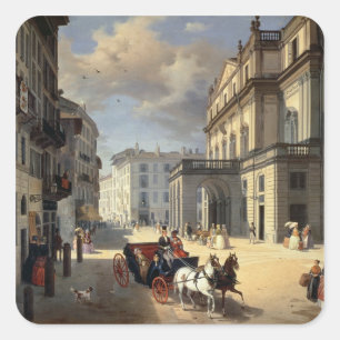 Front des Theaters La Scala, 1852 Quadratischer Aufkleber