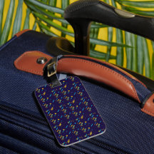Front side of a luggage tag with a colorful 