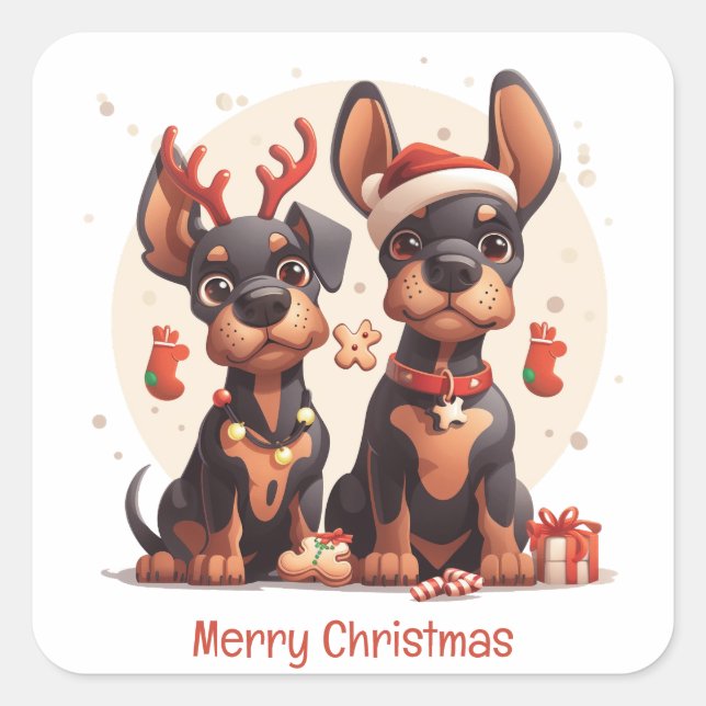 Frory Christmas Dobermann Hunde Quadratischer Aufkleber (Vorderseite)