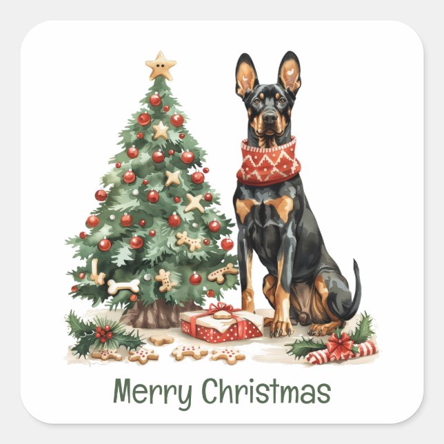 Frory Christmas Dobermann Hunde Quadratischer Aufkleber (Vorderseite)