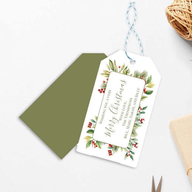 Frory Christmas Red Holly Greenery Geschenkanhänger (Holiday greenery watercolor Merry Christmas gift tag.)