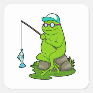 Frosch als Angler mit Angelrute und Fisch Quadratischer Aufkleber