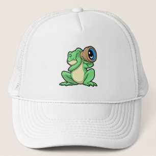Frosch als Astronomie mit Teleskop Truckerkappe