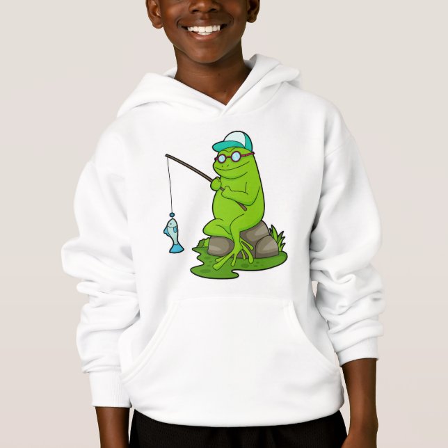 Frosch als Fisher mit Angelrute & Fisch Hoodie (Vorderseite)