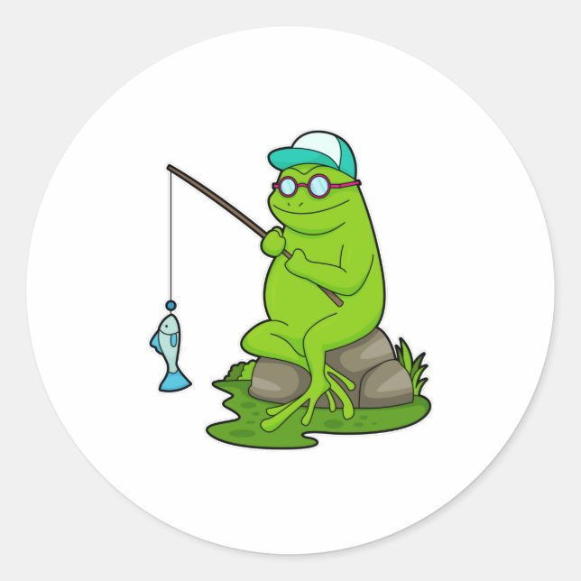 Frosch als Fisher mit Angelrute & Fisch Runder Aufkleber (Vorderseite)