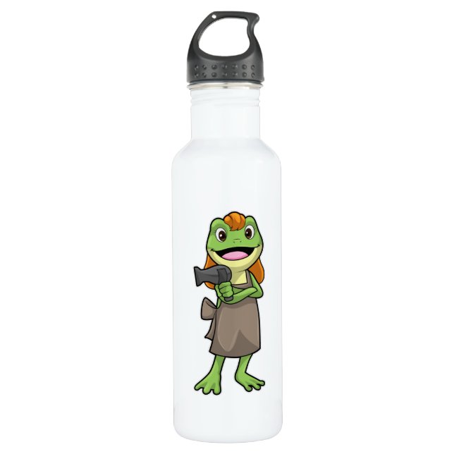 Frosch als Friseur mit Haartrockner Edelstahlflasche (Vorderseite)